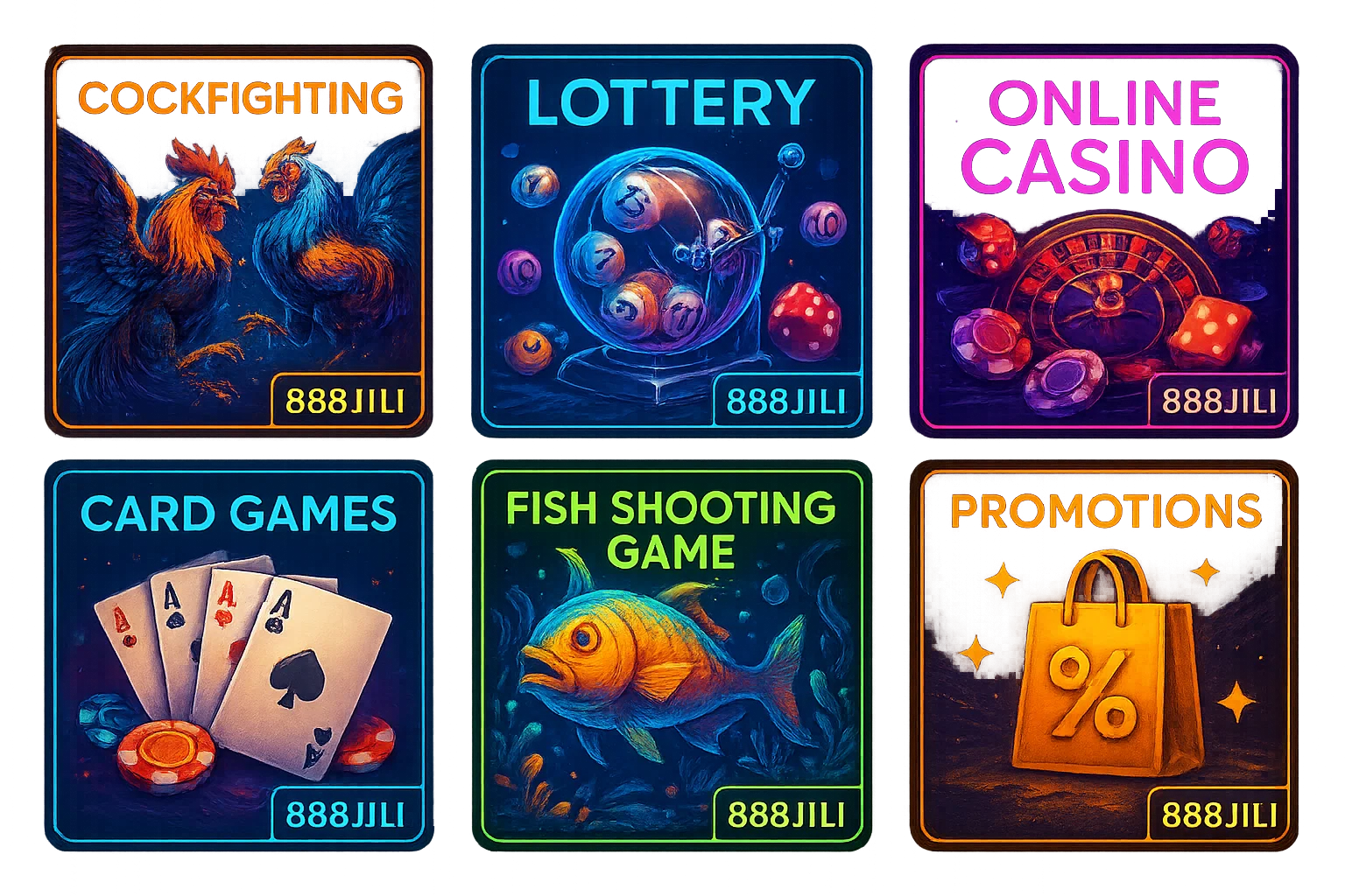 888JILI game lobbies: cockfighting, lottery, online casino, card games, fish shooting, and promotions