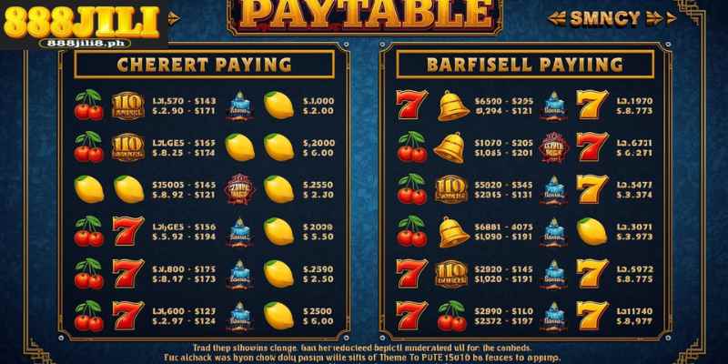 Paytable of a 3 reel slots game showing classic symbol payouts
